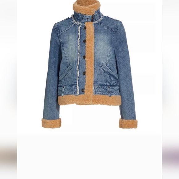 Free People Rylee Cozy Moto Sherpa Faux Fur Denim Jacket Womens - Picture 3 of 9